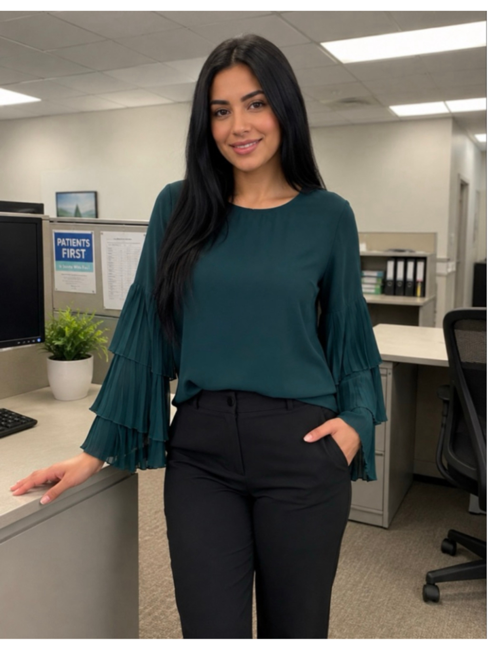 Women's 1.STATE Teal Pleated Bell Sleeve Blouse S